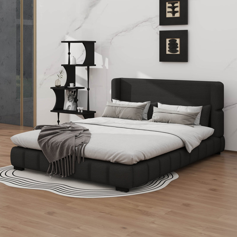 Lit plateforme tapissier en velours avec 2 coussins et tête de lit à oreilles, structure de lit basse pour chambre d'amis