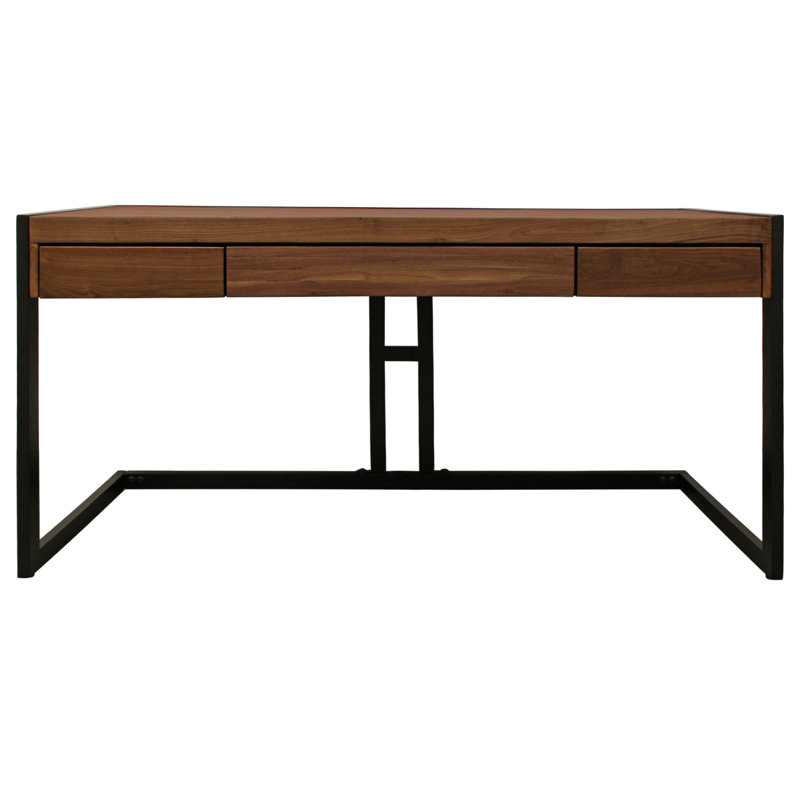 Bureau double 60 po en bois d'acacia brun et noir avec trois tiroirs