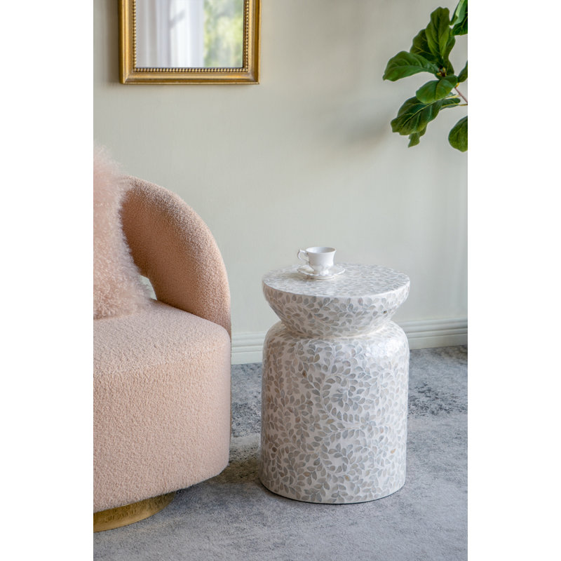 Round Bamboo Accent Table with Capiz Shell Inlay – Compact Side Table for Indoor Décor