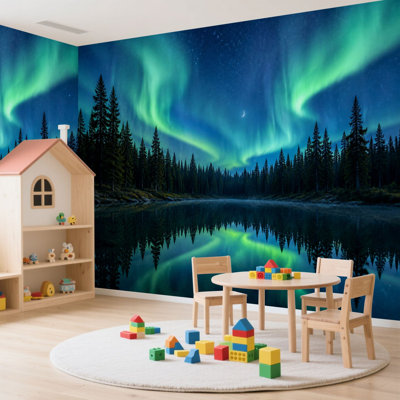 Wall Mural Peel and Stick Wallpaper aurora northern lights lake trees Self-Adhesive Removable Contact Paper Wall Decor for Living Room Bedroom 100"H x 144"W