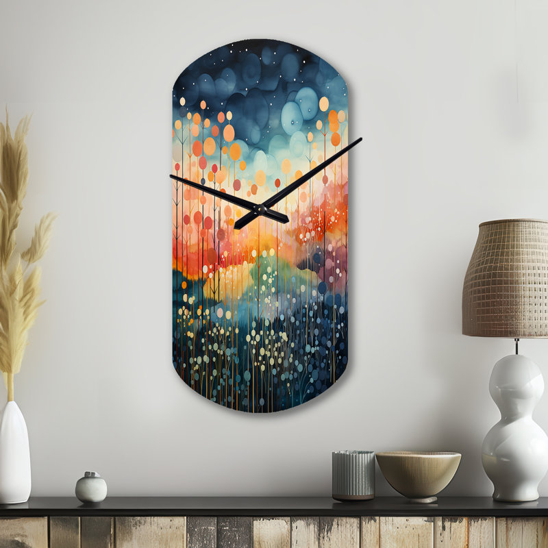 Bleu, rose, Mid Century Abstract Landscape - Mid Century, horloge murale asymétrique moderne, Grand