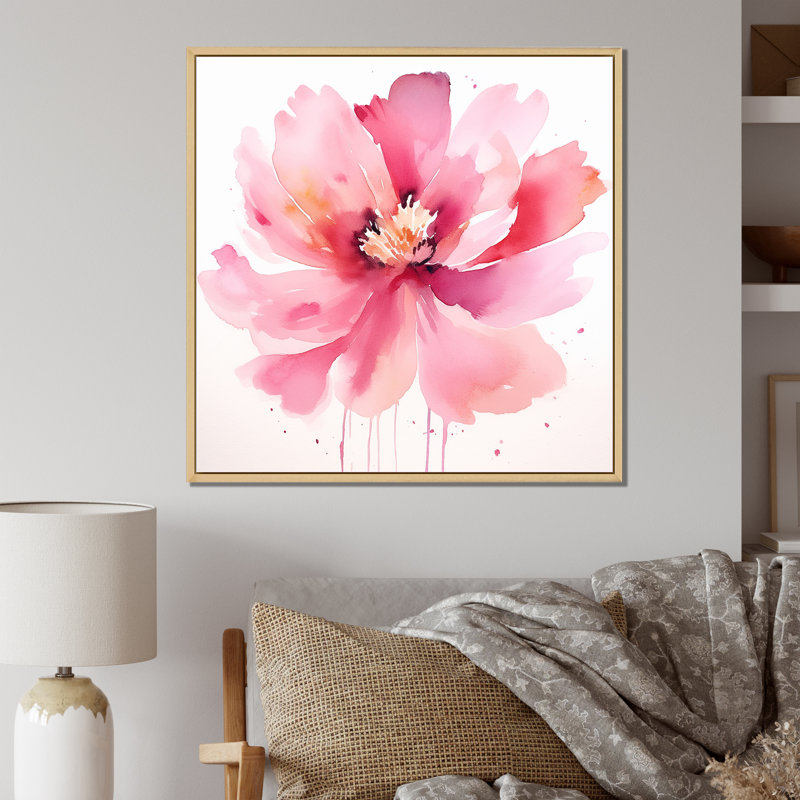 Délicate fleur d'hibiscus rose sur fond d'aquarelle sur toile, H 36 po x l 36 po x P 1,5 po, Cadre naturel flottant