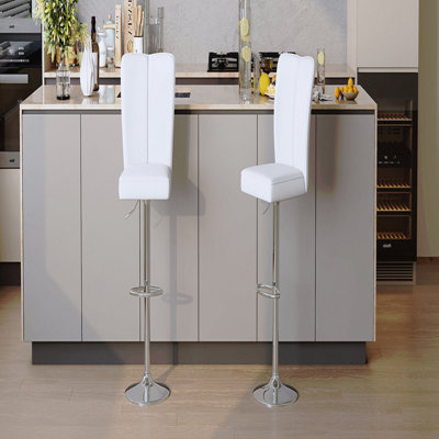 Modern White PU Bar Stool Set - 2-Piece, featuring vertical and smooth-lined backrests with trumpet-shaped silver metal legs. Ideal for placement in bars, living rooms lounges and similar settings.