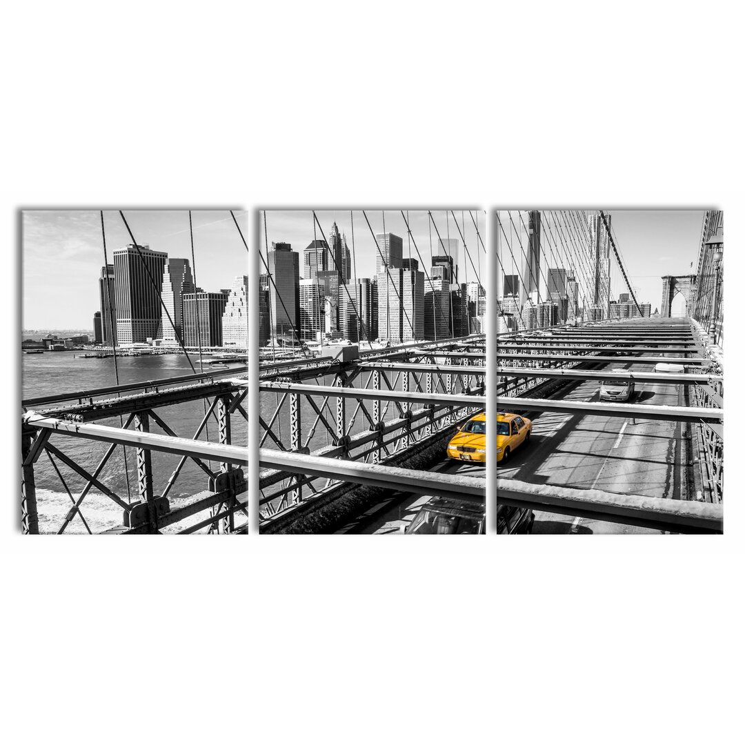 3-tlg. Leinwandbilder-Set Gelbes Taxi in New York auf Brücke