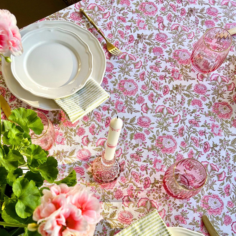 Beatrice Round Tablecloth - Pink And Green, 60" D x 120" L