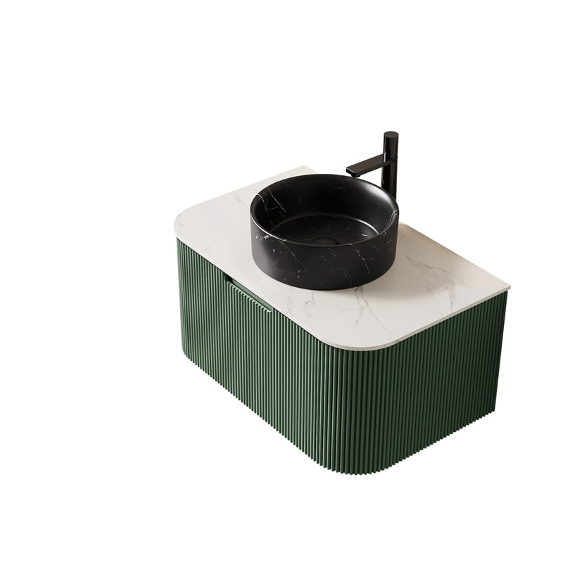 Meuble-lavabo 30 po, armoire de salle de bain en contreplaqué rayé à bords arrondis avec tiroir, lavabo rond en céramique noir mat et plateau en pierre frittée, pré-assemblé