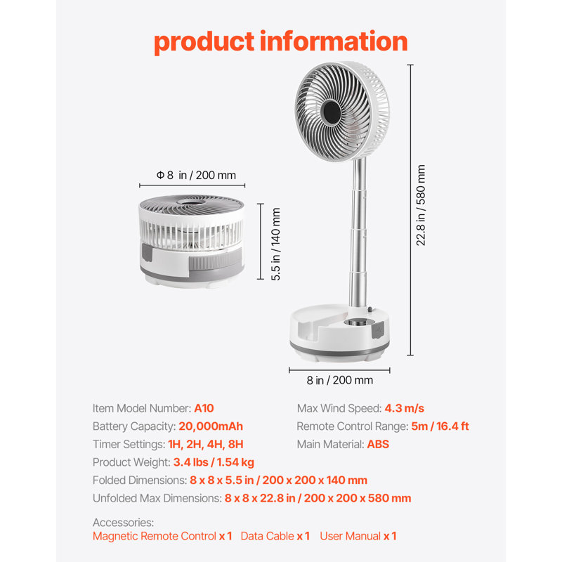 8 inch Foldable Rechargeable Oscillating Fan 3 in 1 Remote 8 Speeds