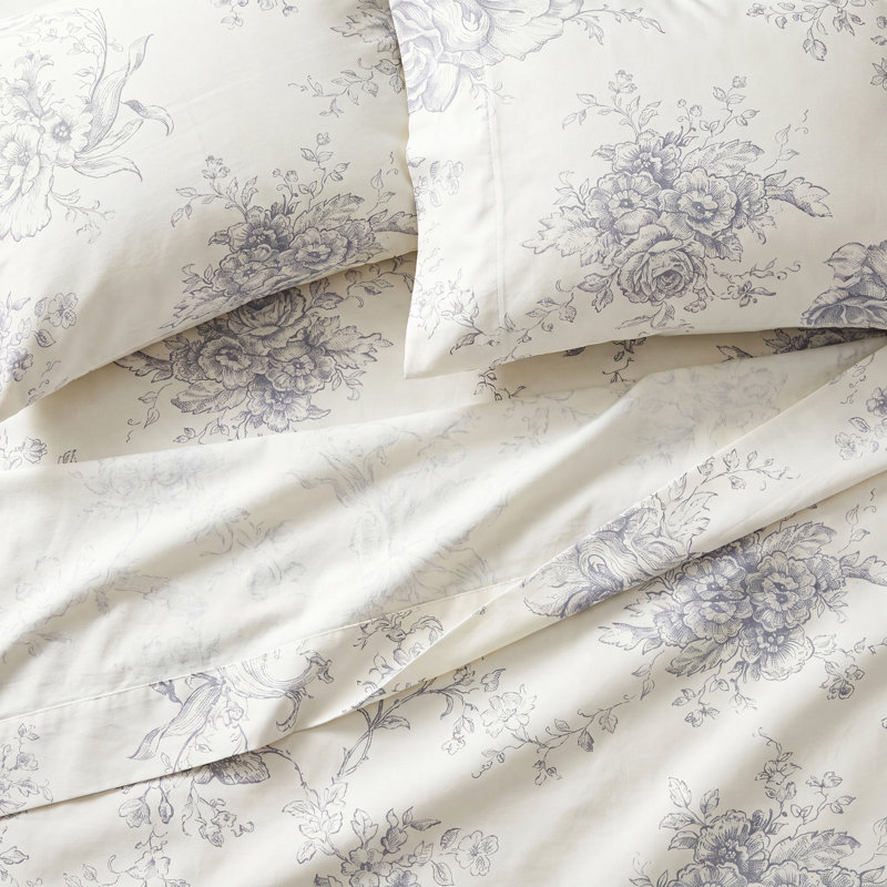 Benedictine 100% Cotton Toile Sheet Set, Twin, Navy
