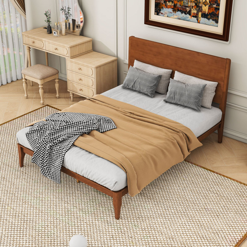 Lit plateforme en bois avec lattes et support central, Full, Brown