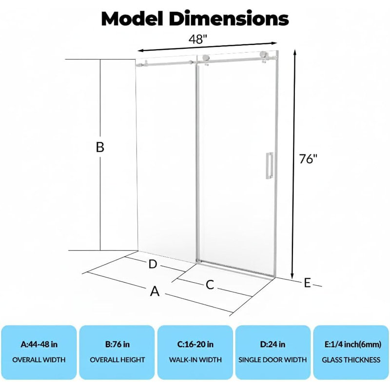 Frameless Bypass Sliding Shower Door, 44-48 in W x 76 in H - 6mm SGCC Clear Tempered Glass, Easy-Clean Coating, Safety Film - Brushed Nickel Round Rail Hardware