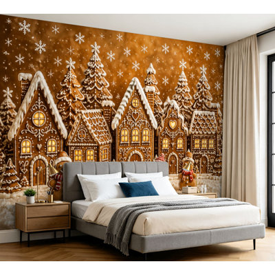 Papier peint adhésif peler et coller maisons en pain d'épice figurines de bonhomme de neige Scène enneigée festive Papier peint autocollant amovible pour la chambre à coucher H 100 po x l 144 po