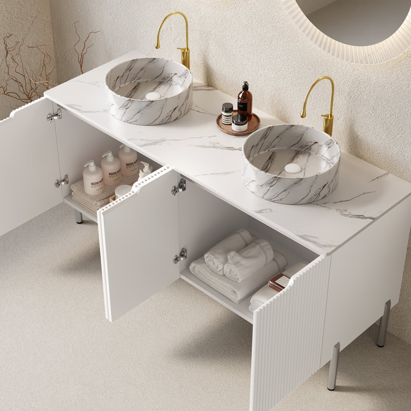 Ensemble de meuble-lavabo autoportant 60 po avec double lavabo en céramique et plateau en pierre frittée Stella, Blanc