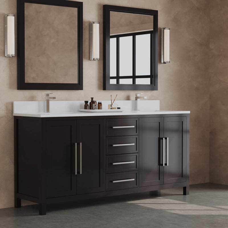 Ensemble de meuble-lavabo double autoportant 72 po avec plateau en quartz Fouraker, Espresso