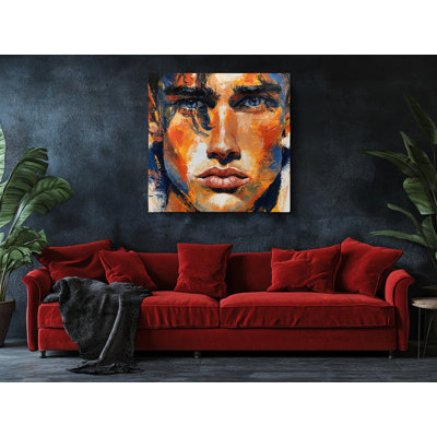 Reproduction d'art moderne sur toile, portrait expressionniste orange et bleu, 24 x 24 po