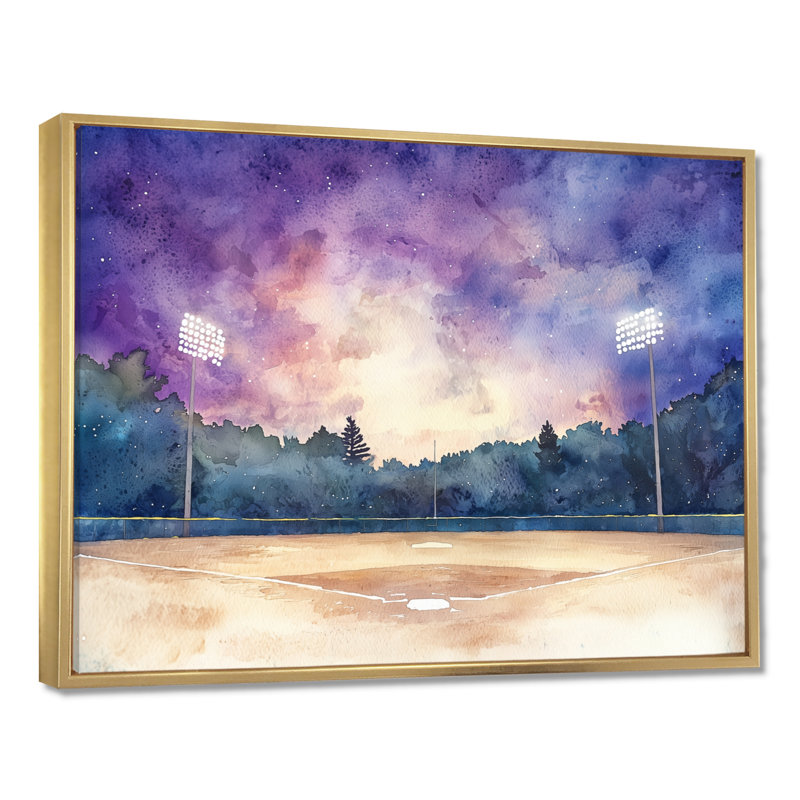 Baseball Field At Night I - Décoration murale baseball sport, Impression dans un cadre flottant sans passe-parto, Doré