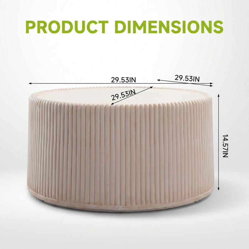 Table basse ronde à tambour cannelé de 29,53 pouces de diamètre avec structure centrale en oxyde de magnésium robuste pour économiser de l'espace pour le salon, la chambre, le vestibule et les petits appartements