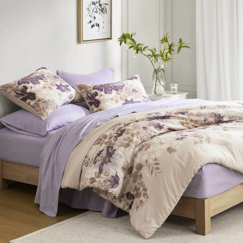 Lit d'édredon double en taupe double dans un sac, draps, 2 taies décoratives, 1 drap plat, taies d'oreiller ajustées, imprimé en microfibre, aquarelle florale, preuve avec rembourrage doux