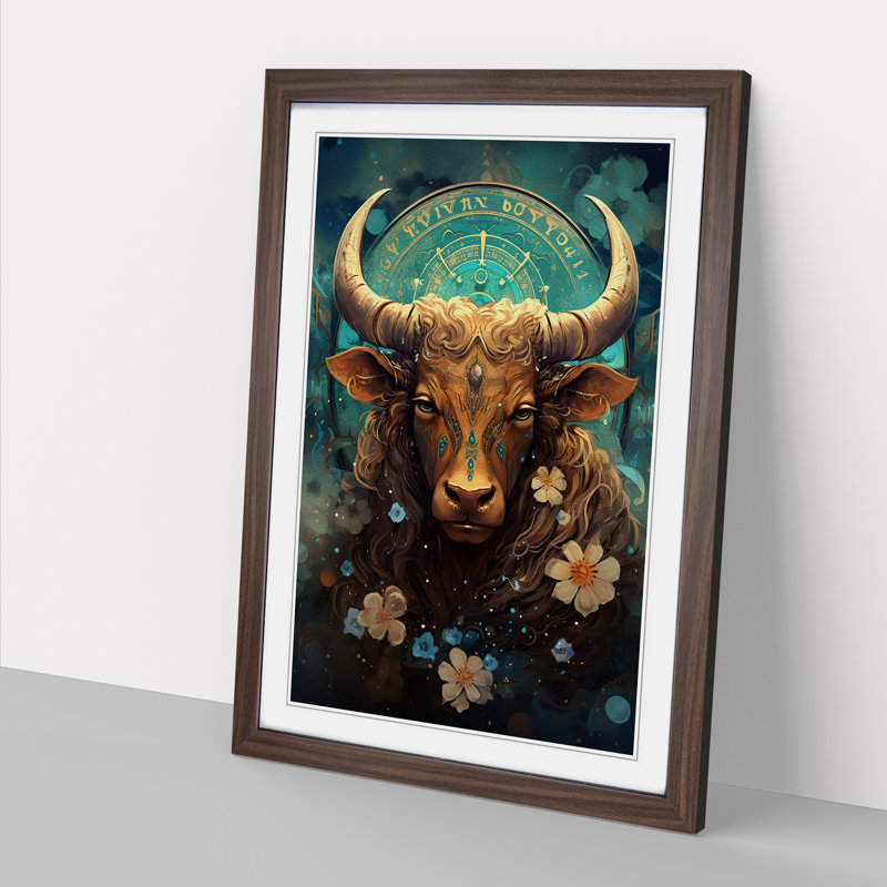 XYZ-FRM-V1223-6122 Taurus Zodiac Tachisme No.2 - Single Picture Frame Print on Wood, Walnut , 34cm H x 25cm W x 2cm D