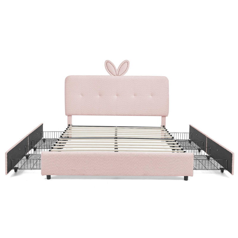 Kids Boucle Fabric Bed with Oversized Rabbit Ear Headboard, LED Lighting & 4 Storage Drawers, Rose