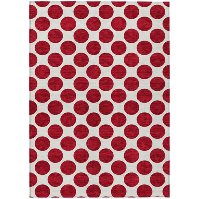 8' X 10' Red Polka Dot Washable Indoor Outdoor Area Rug
