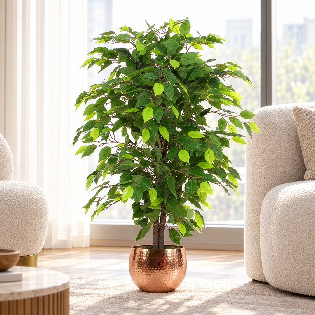 Leaf Ficus Artificial Tree 3ft - Green - Copper Metal Planter - Image 3