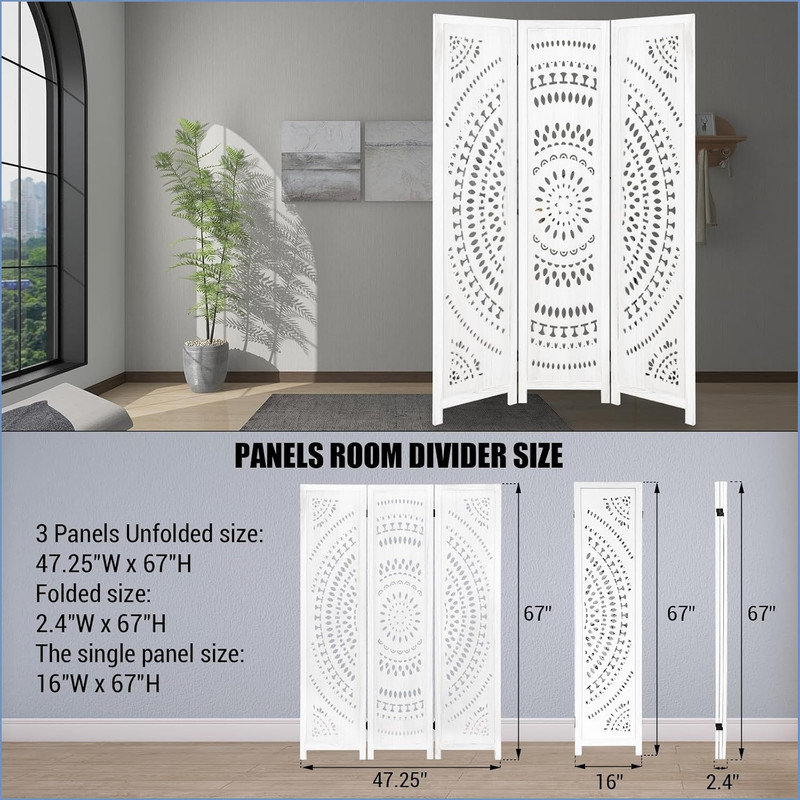 Wood Room Divider Screen - 67 Inch Tall Modern Farmhouse Partition, Round Floral Carved Design for Home Office, Bedroom & Garden Privacy,Wood Freestanding Folding Screen