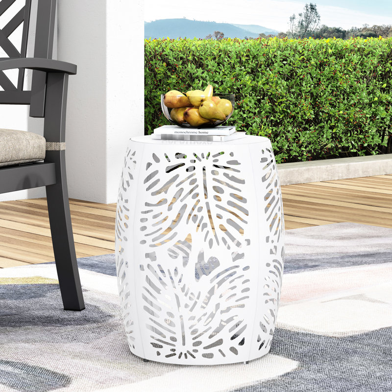 Élégante table en métal - blanche avec un charmant motif de feuilles tropicales, 16,19 po de largeur x 20,5 po de hauteur, prête à l'emploi, motif moderne en fer blanc, 16,19 l 16,19 P 20,5 H, aucun assemblage requis