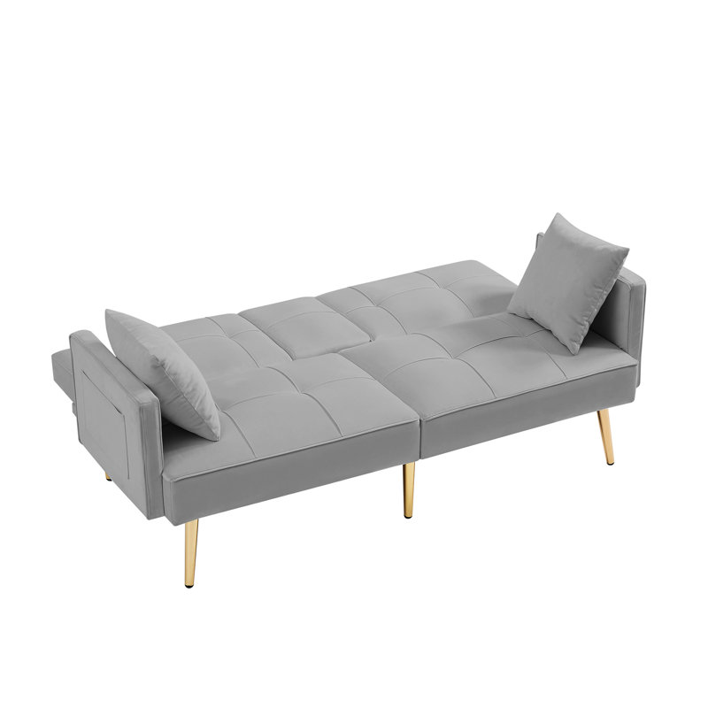 Grey Velvet Bed With Gold Metal Legs - 3 Adjustable Options, Velvety Softness, Wood Construction, Square , 2 Seat Bed, Side Pockets And Cup Holders For Added Relaxation Functionality Futon Legs,