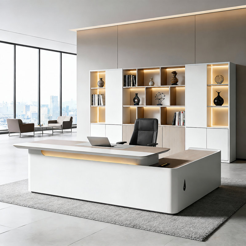 Ensemble de bureau de direction en L et de fauteuil de bureau inclinable à haut dossier avec rangement intégré, concentrateur électrique et pivot à 360 °