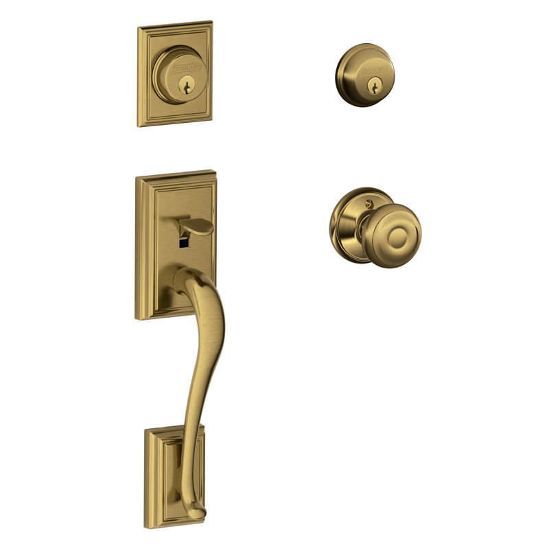 Addison Handleset with Double Cylinder Deadbolt and Georgian Door and Rosette, Antique Brass, Keyed Alike