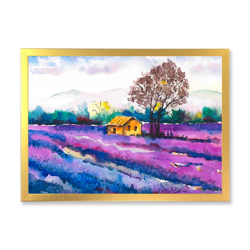 Maison de fermier solitaire sur un champ de lavande - peinture sur toile, H 30 po x l 40 po, Cadre doré à coins fermés
