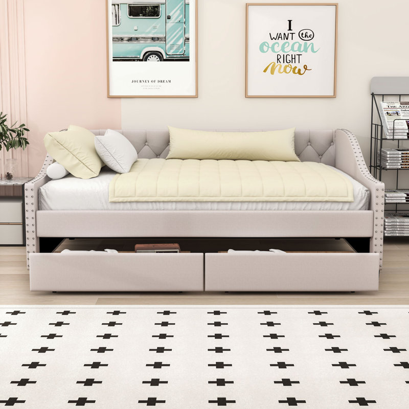 Full Size Upholstered Daybed with Tufted Backrest and Storage Drawers, Beige