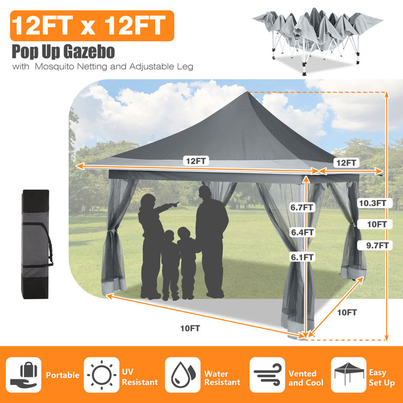 12x12FT Outdoor Waterproof Gazebo, Pop Up Canopy Tent , Brown