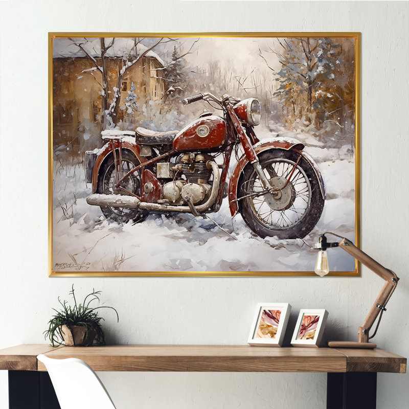 Vélo rouge rustique en hiver, H 24 po x l 32 po x P 1 po, Cadre flottant doré