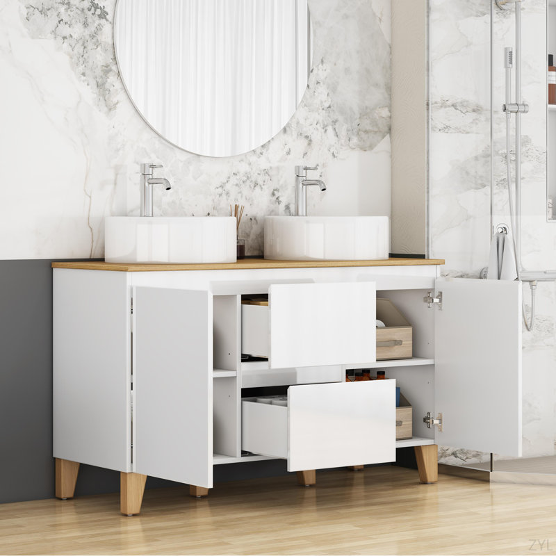 Meuble-lavabo monté avec lavabo, système de fermeture en douceur, lavabo en céramique, bois massif, facile à installer, conception unique sans poignée