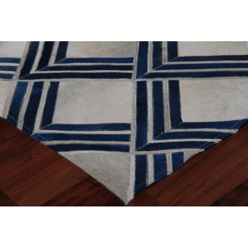 Natural Hide Cowhide Geometric Area Rug in Navy, Rectangle 5' x 8'