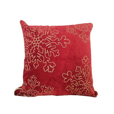 Coussin décoratif carré Rola, broderie flocon de neige doré, velours rouge 20 po