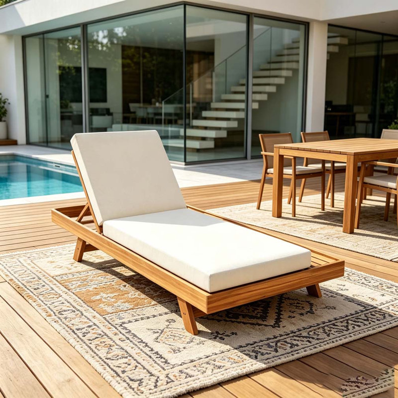 Foldable Acacia Wood Lounge Chaise With Adjustable Backrest, CREAM & 2 INCH THICK