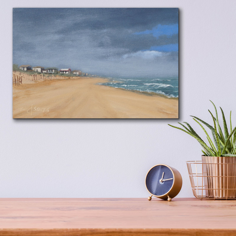 Plage, maisons et surf »par Thomas Stotts, acrylique, H 12 po x l 16 po x P 0,13 po