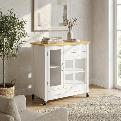 Îlot de cuisine blanc polyvalent avec plateau en bois de noyer, armoire de rangement sur roulettes avec tiroirs et barre à serviettes