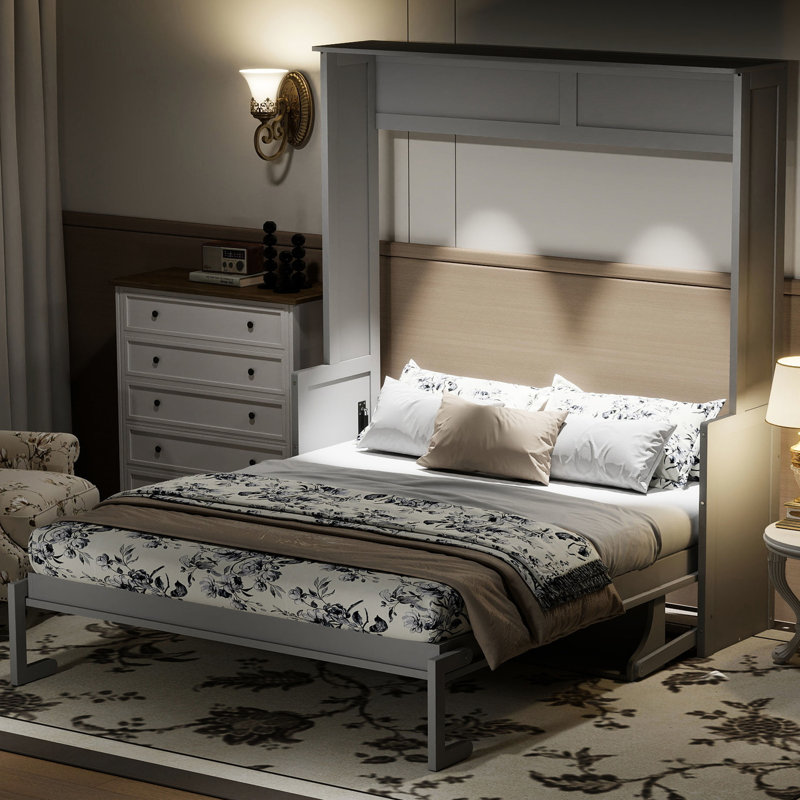 Grand lit avec bureau, lumières à DEL, station de charge - gris, mur peu encombrant pour les petites pièces, design moderne et contreplaqué, éclairage intégré gris facile à assembler, ports, bureau à domicile idéal ou invité
