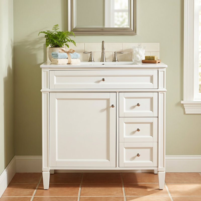 Meuble-lavabo autoportant en bois aggloméré de 30 po avec lavabo en céramique blanc, 2 tiroirs, tablettes de porte réglables et tiroir coulissant