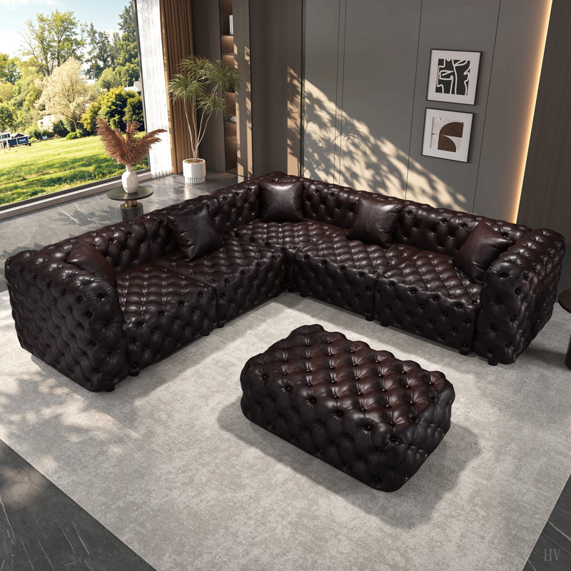 Ensemble de canapé modulaire en forme de L de 132,5 po, canapé modulaire 5 places rembourré en similicuir avec conception touffetée à la main pure, 1 repose-pieds et 5 coussins, combinaison multiple pour le salon