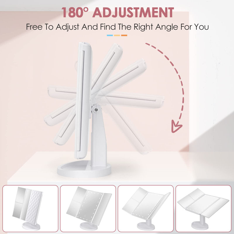 Trifold Vanity Mirror With Lights,Tabletop Mount Makeup Mirror With Lights And 1X/2X/3X Magnification 21LED Mirror Touch Screen Two Power Supply Modes Make Up Mirror