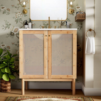 30" Morden Bathroom Vanity With Featuring Handmade Rattan Doors and Soft-Closing