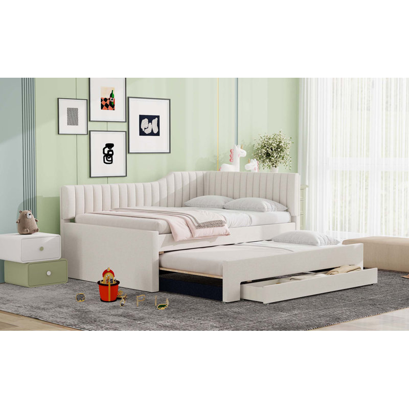 Upholstered Daybed With Trundle And Three Drawers, Beige, Full / Double