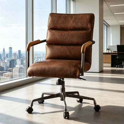Fauteuil de direction moderne en cuir fleur avec base pivotante, élévateur pneumatique à hauteur réglable, accoudoirs décoratifs en bois et roulettes
