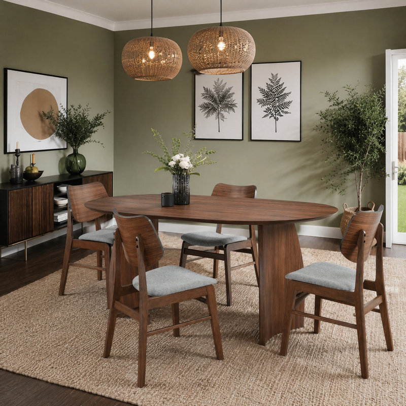 Amber Oval Solid Wood Dining Set, 5 Pieces: Table, 4 Chairs, Walnut