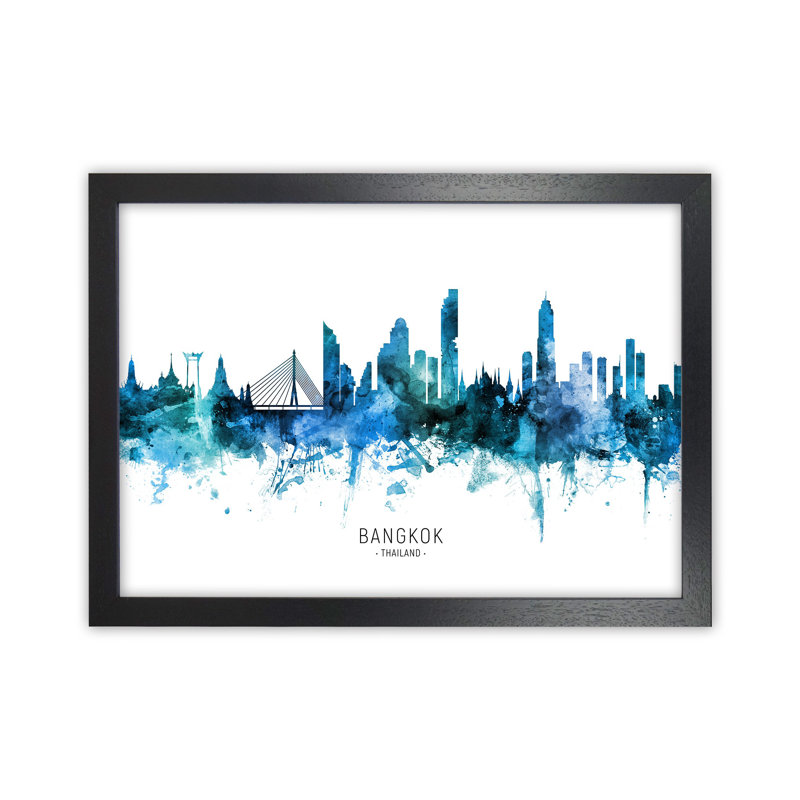 Bangkok Thailand Skyline Blue City Name by Michael Tompsett - Print, Black Framed, 34cm H x 46cm W x 3cm D
