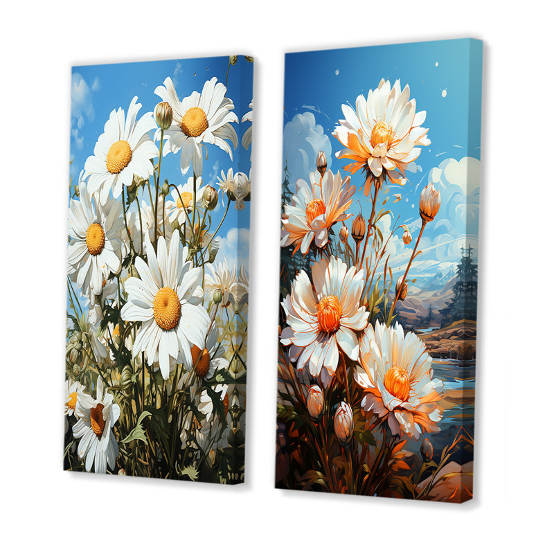 White And Yellow Blooming Daisy Gardens I - Daisies Wall Decor Set Of 2, 32" H x 33" W, Wrapped Canvas